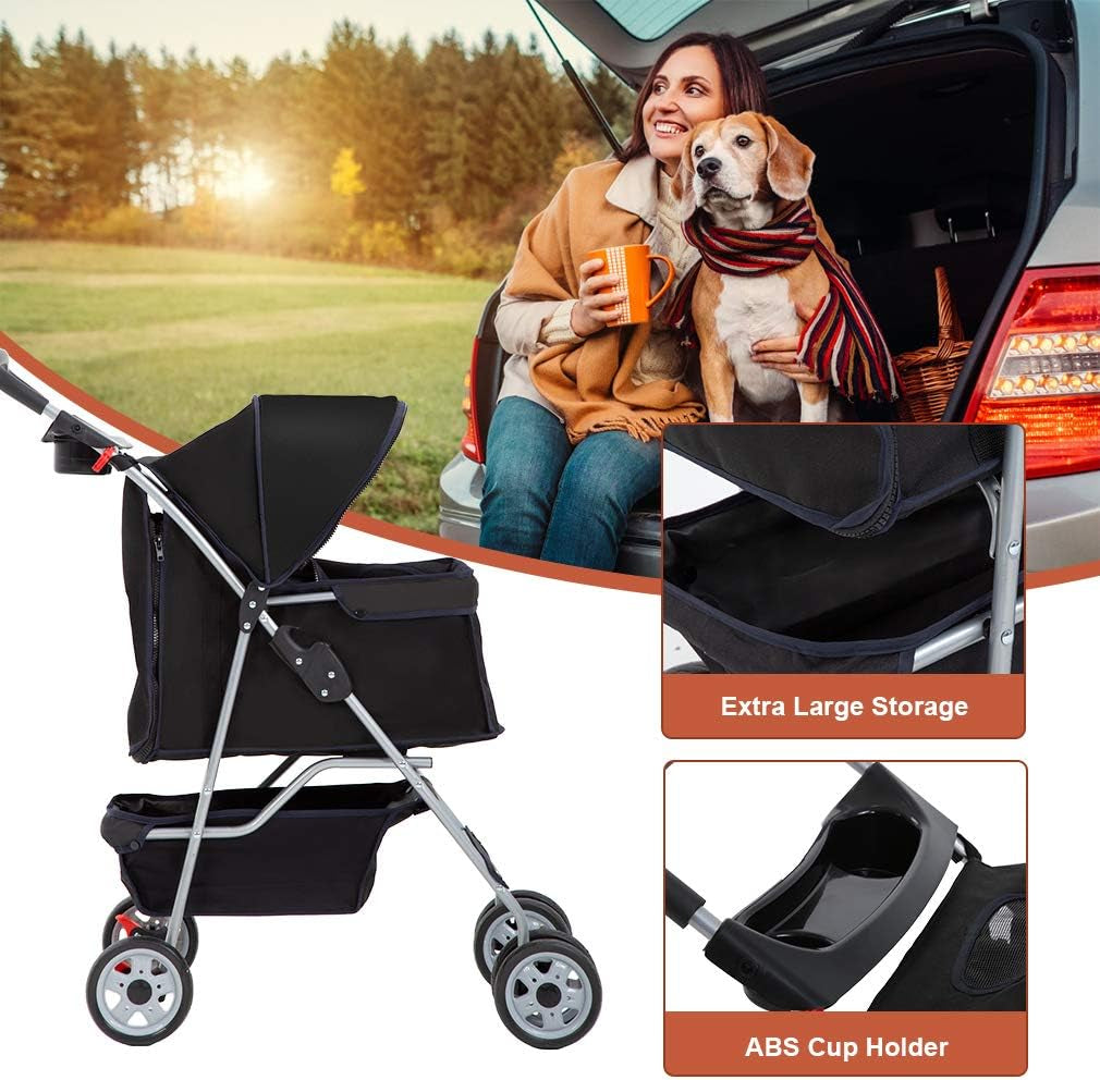 Pet Stroller Cat Dog Cage Stroller Travel Folding Carrier,Black