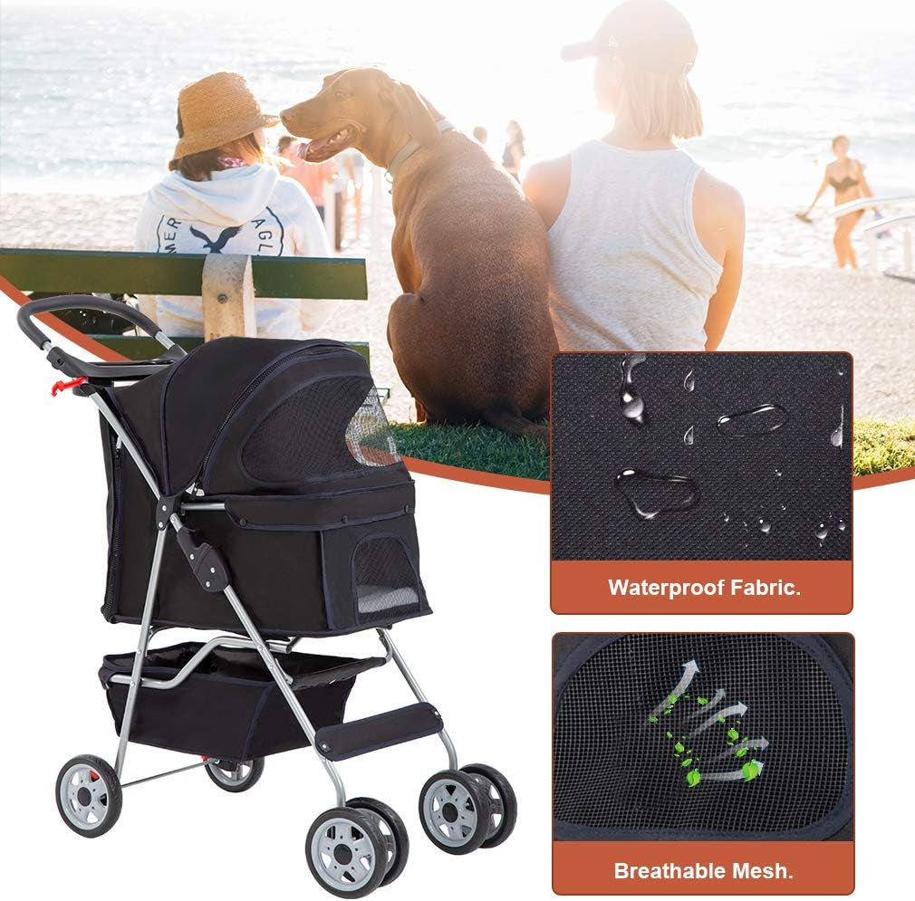 Pet Stroller Cat Dog Cage Stroller Travel Folding Carrier,Black